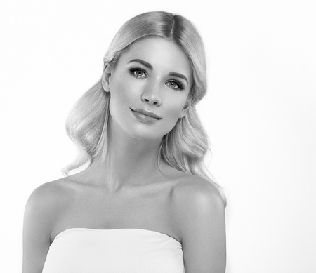 Woman headshot face blonde portrait closeup black and white. Studio shot.の写真素材