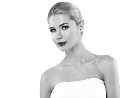 Woman headshot face blonde portrait closeup black and white. Studio shot.の写真素材