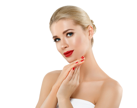 Woman nail manicure lipstick same color beauty portrait beautiful care. Isolated in white.の写真素材