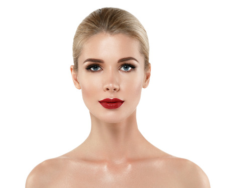 Woman with lips mouth red pink lip and blonde hair portrait. Isolated on white.の写真素材