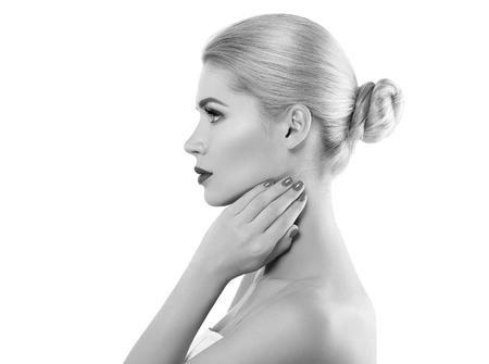 Woman headshot face blonde portrait closeup black and white. Studio shot.の写真素材
