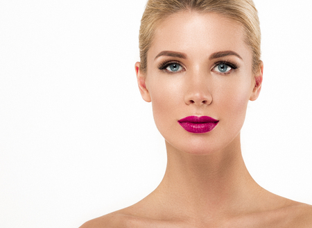 Woman with lips mouth red pink lip and blonde hair portrait. Isolated on white.の写真素材