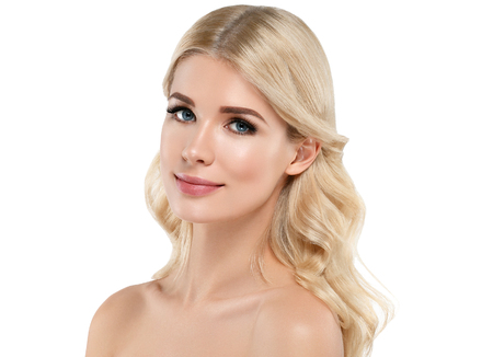 Blonde Woman Beautiful Portrait. Cosmetic concept, platinum Blond Hair Model Girl. Studio shot. Isolated on white.の写真素材