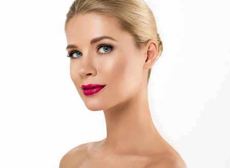 Woman with lips mouth red pink lip and blonde hair portrait. Isolated on white.の写真素材