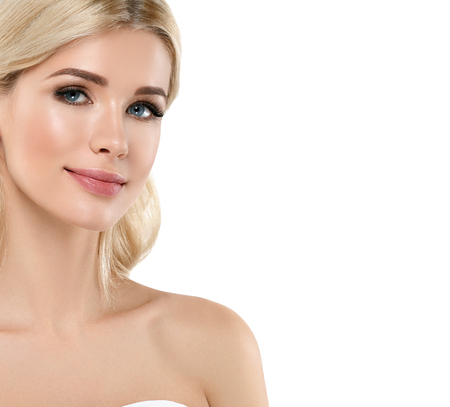 Blonde Woman Beautiful Portrait. Cosmetic concept, platinum Blond Hair Model Girl. Studio shot. Isolated on white.の写真素材