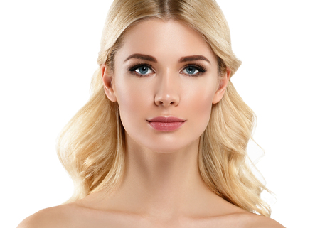 Blonde Woman Beautiful Portrait. Cosmetic concept, platinum Blond Hair Model Girl. Studio shot. Isolated on white.の写真素材