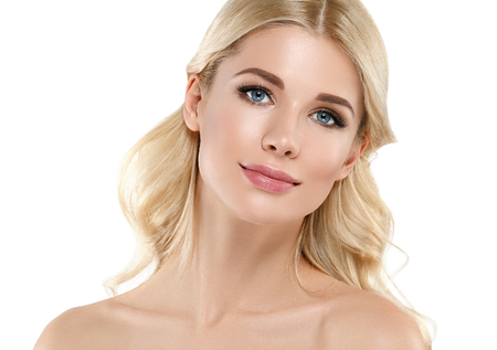 Blonde Woman Beautiful Portrait. Cosmetic concept, platinum Blond Hair Model Girl. Studio shot. Isolated on white.の写真素材
