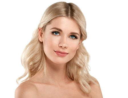 Blonde Woman Beautiful Portrait. Cosmetic concept, platinum Blond Hair Model Girl. Studio shot. Isolated on white.の写真素材