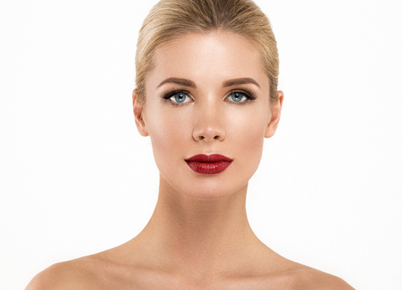 Woman with lips mouth red pink lip and blonde hair portrait. Isolated on white.の写真素材