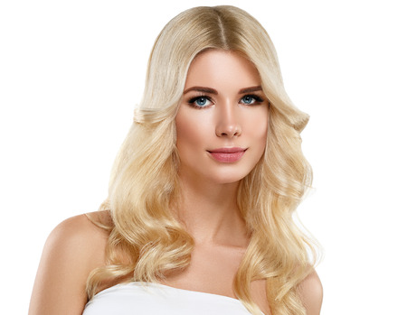 Blonde Woman Beautiful Portrait. Cosmetic concept, platinum Blond Hair Model Girl. Studio shot. Isolated on white.の写真素材