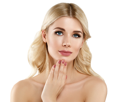 Blonde Woman Beautiful Portrait. Cosmetic concept, platinum Blond Hair Model Girl with manicure.の写真素材