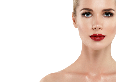 Woman with lips mouth red pink lip and blonde hair portrait. Isolated on white.の写真素材
