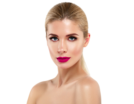 Woman with lips mouth red pink lip and blonde hair portrait. Isolated on white.の写真素材