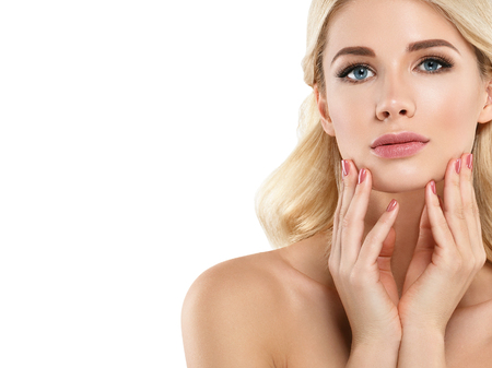 Blonde Woman Beautiful Portrait. Cosmetic concept, platinum Blond Hair Model Girl with manicure.の写真素材