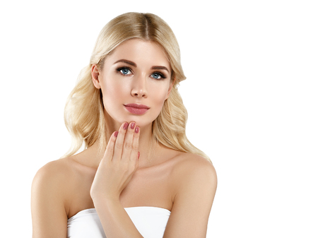 Blonde Woman Beautiful Portrait. Cosmetic concept, platinum Blond Hair Model Girl with manicure.の写真素材