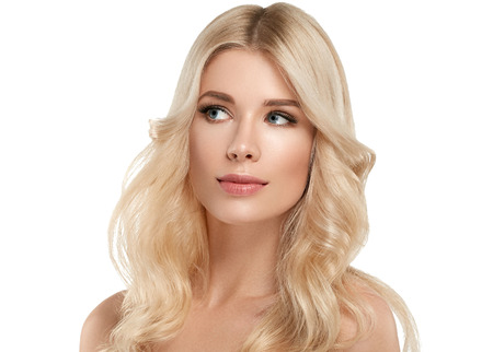Blonde Woman Beautiful Portrait. Cosmetic concept, platinum Blond Hair Model Girl. Studio shot. Isolated on white.の写真素材