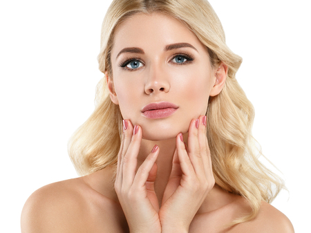 Blonde Woman Beautiful Portrait. Cosmetic concept, platinum Blond Hair Model Girl with manicure.の写真素材