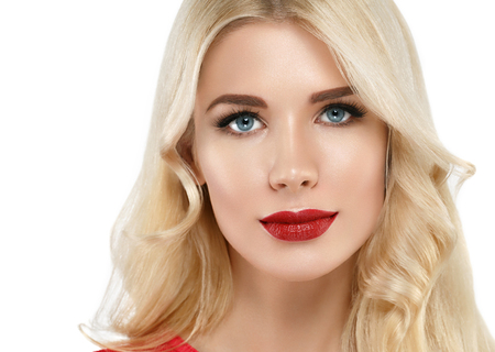 Woman with lips mouth red pink lip and blonde hair portrait. Isolated on white.の写真素材