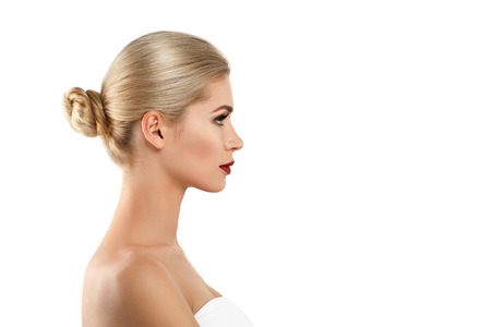 Woman with lips mouth red pink lip and blonde hair portrait. Isolated on white.の写真素材