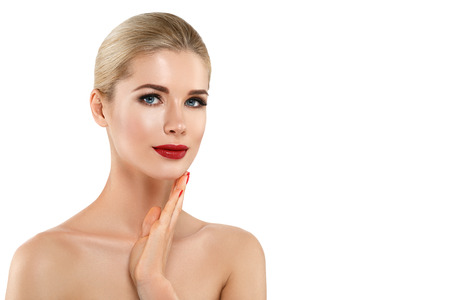 Woman nail manicure lipstick same color beauty portrait beautiful care. Isolated in white.の写真素材