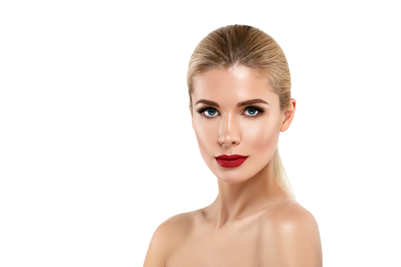 Woman with lips mouth red pink lip and blonde hair portrait. Isolated on white.の写真素材