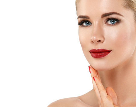 Woman nail manicure lipstick same color beauty portrait beautiful care. Isolated in white.の写真素材