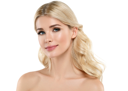 Blonde Woman Beautiful Portrait. Cosmetic concept, platinum Blond Hair Model Girl. Studio shot. Isolated on white.の写真素材