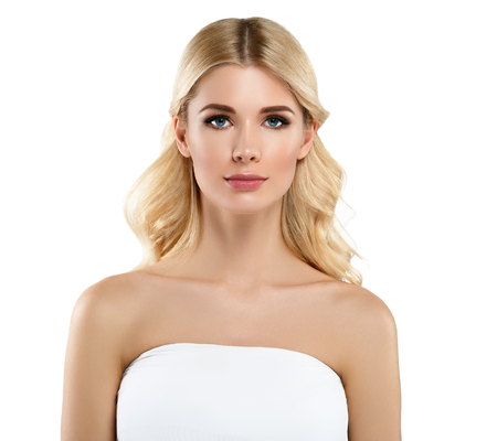 Blonde Woman Beautiful Portrait. Cosmetic concept, platinum Blond Hair Model Girl. Studio shot. Isolated on white.の写真素材