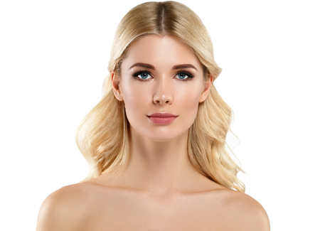 Blonde Woman Beautiful Portrait. Cosmetic concept, platinum Blond Hair Model Girl. Studio shot. Isolated on white.の写真素材