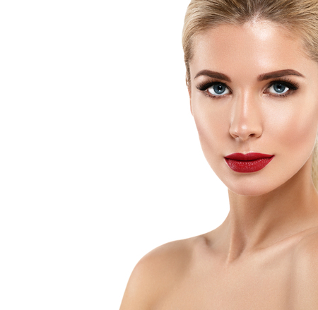 Woman with lips mouth red pink lip and blonde hair portrait. Isolated on white.の写真素材