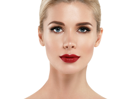 Woman with lips mouth red pink lip and blonde hair portrait. Isolated on white.の写真素材