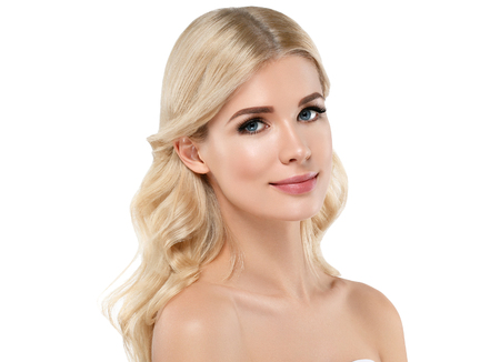 Blonde Woman Beautiful Portrait. Cosmetic concept, platinum Blond Hair Model Girl. Studio shot. Isolated on white.の写真素材