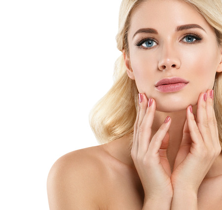 Blonde Woman Beautiful Portrait. Cosmetic concept, platinum Blond Hair Model Girl with manicure.の写真素材