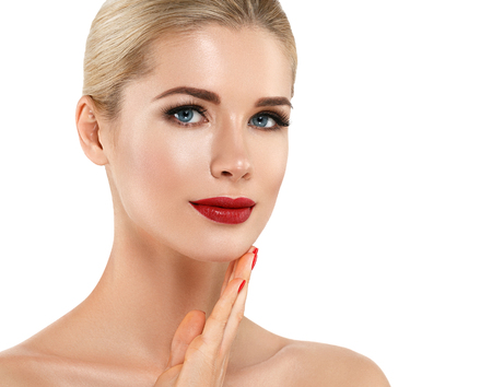 Woman nail manicure lipstick same color beauty portrait beautiful care. Isolated in white.の写真素材