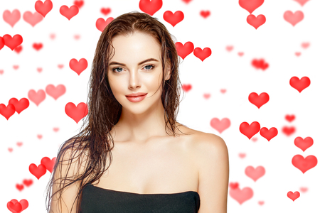 Saint Valentines Day Hearts Beautiful Woman Face Portrait Beauty Skin Care Concept Beautiful beauty young model girl face skin Fashion Beauty Modelの写真素材