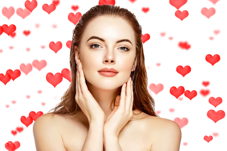 Saint Valentines Day Hearts Beautiful Woman Face Portrait Beauty Skin Care Concept Beautiful beauty young model girl face skin Fashion Beauty Modelの写真素材