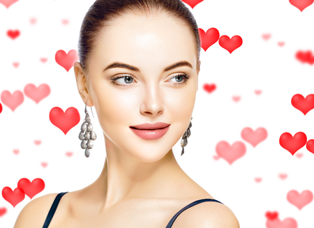 Saint Valentines Day Hearts Beautiful Woman Face Portrait Beauty Skin Care Concept Beautiful beauty young model girl face skin Fashion Beauty Modelの写真素材