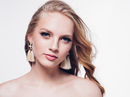 Eyelashes woman eyes face close up with beautiful long lashes isolated on white. Studio shot.の写真素材