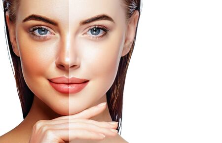 Beautiful Woman Face Portrait Beauty Skin Care Concept. Fashion Beauty Model isolated on whiteの写真素材