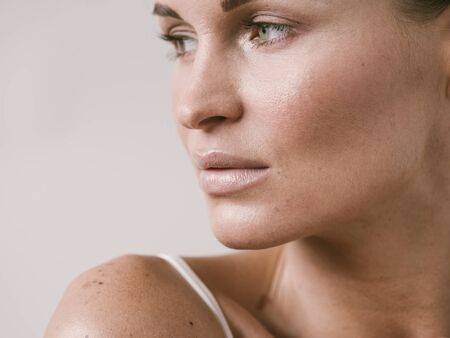 Natural beauty skin woman face close up macro model beauty. Studio shot.の写真素材