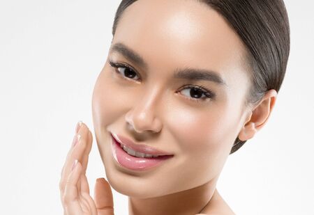 Asia beauty woman healthy skin face clean fresh skin spa. Studio shot. Isolated on white.の写真素材