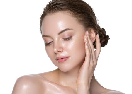 Hydration skin woman beauty healthy clean skin face beautiful model neck and shoulders isolated on white. Studio shot.の写真素材