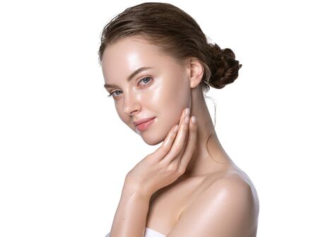 Hydration skin woman beauty healthy clean skin face beautiful model neck and shoulders isolated on white. Studio shot.の写真素材