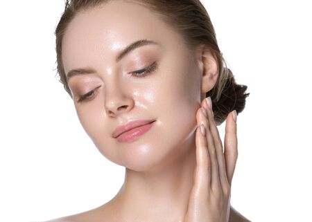 Hydration skin woman beauty healthy clean skin face beautiful model neck and shoulders isolated on white. Studio shot.の写真素材