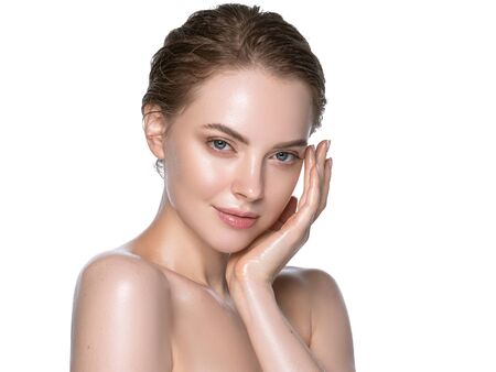Hydration skin woman beauty healthy clean skin face beautiful model neck and shoulders isolated on white. Studio shot.の写真素材