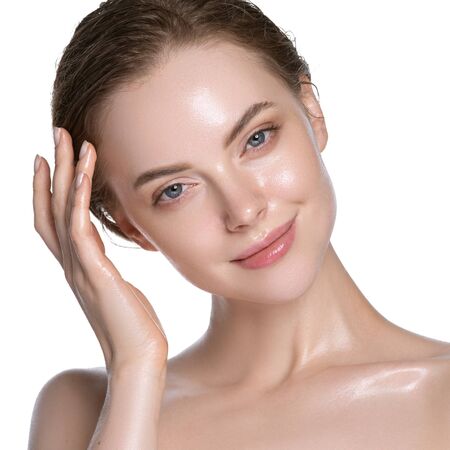 Hydration skin woman beauty healthy clean skin face beautiful model neck and shoulders isolated on white. Studio shot.の写真素材
