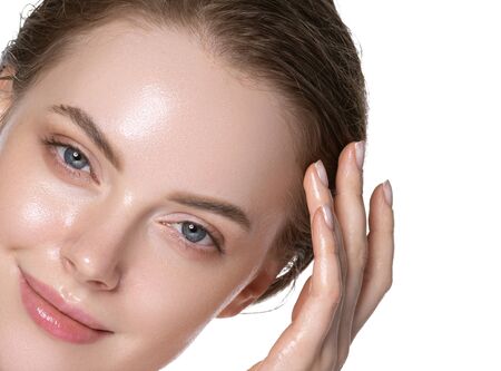 Hydration skin woman beauty healthy clean skin face beautiful model neck and shoulders isolated on white. Studio shot.の写真素材
