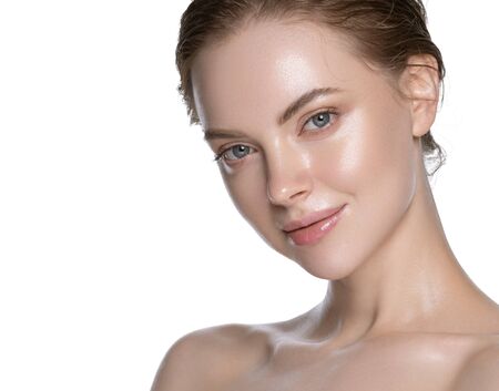 Hydration skin woman beauty healthy clean skin face beautiful model neck and shoulders isolated on white. Studio shot.の写真素材