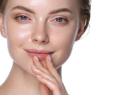 Hydration skin woman beauty healthy clean skin face beautiful model neck and shoulders isolated on white. Studio shot.の写真素材