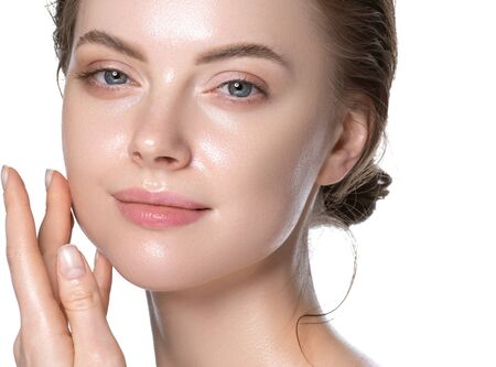 Hydration skin woman beauty healthy clean skin face beautiful model neck and shoulders isolated on white. Studio shot.の写真素材